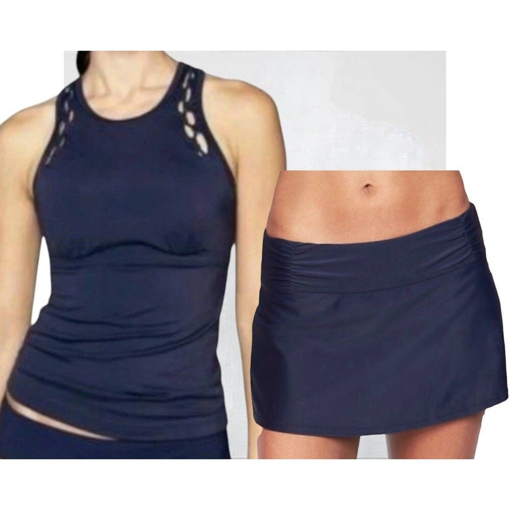 NEW Athleta High Neck Bra Cup Loop Tankini Top 40D/DD Navy Blue Skirt Swimsuit